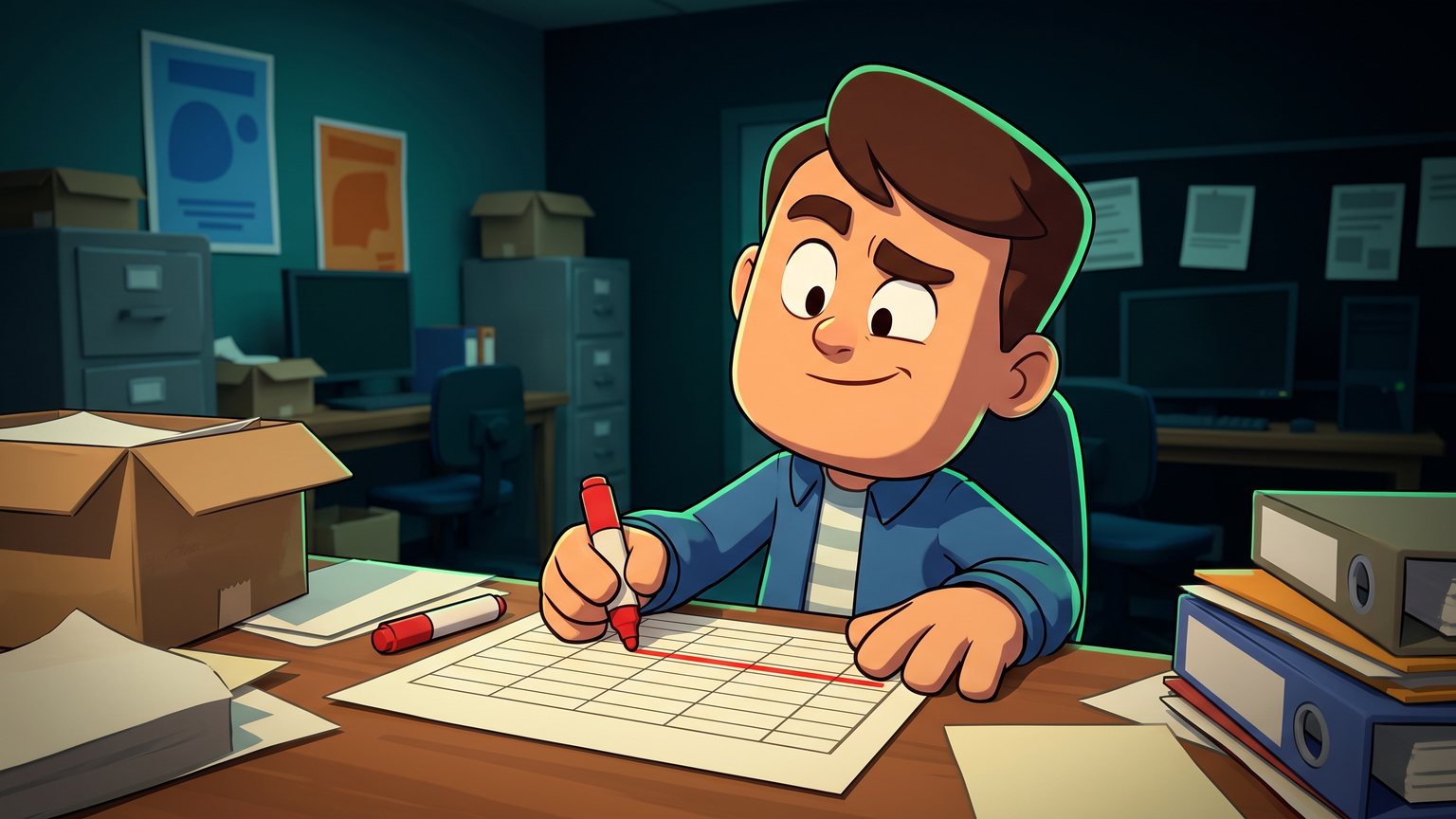 A stylised 3D animated character: an office dispatcher sitting at a messy desk, crossing off rows on a printed daily schedule with a red marker.