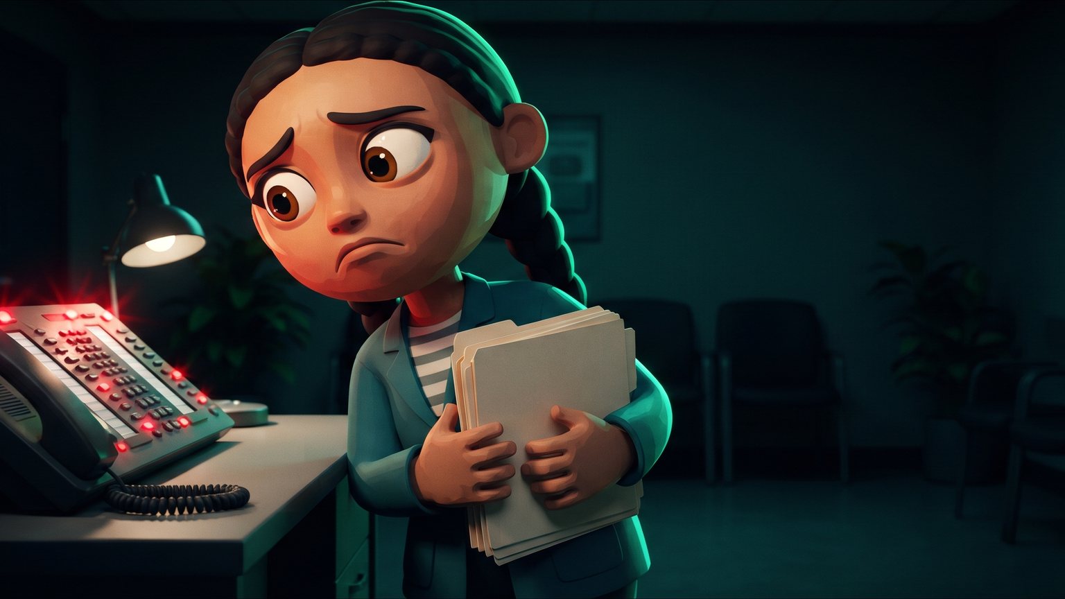 A stylised 3D animated character: a busy front-desk receptionist in a medical clinic staring at a multi-line telephone console flashing red while holding a stacked folder of patient charts.