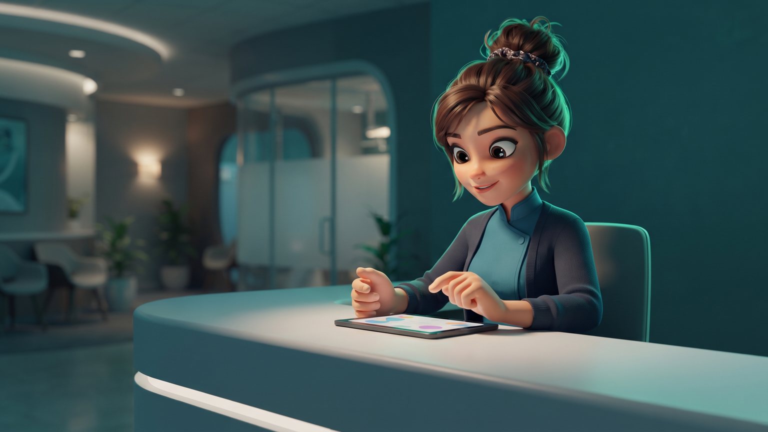 A stylised 3D animated character: a dental practice office manager sitting at a sleek front desk and tapping a tablet screen to confirm an incoming appointment.
