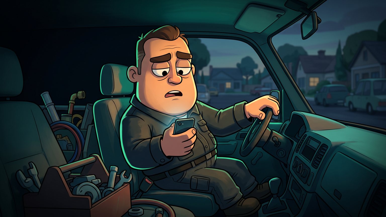 A stylised 3D animated character: an exhausted residential HVAC technician in dark work clothes sitting in the driver seat of a service van at dusk, checking a ringing smartphone while holding a steering wheel.