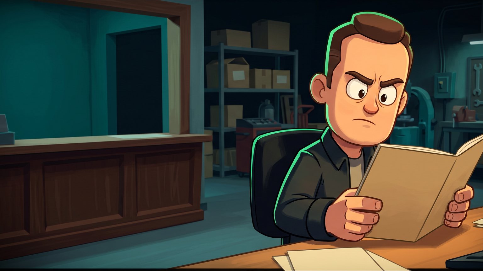 A stylised 3D animated character: a trade business dispatcher seated at a desk reviewing a printed scheduling log while turning away from an empty customer service counter.