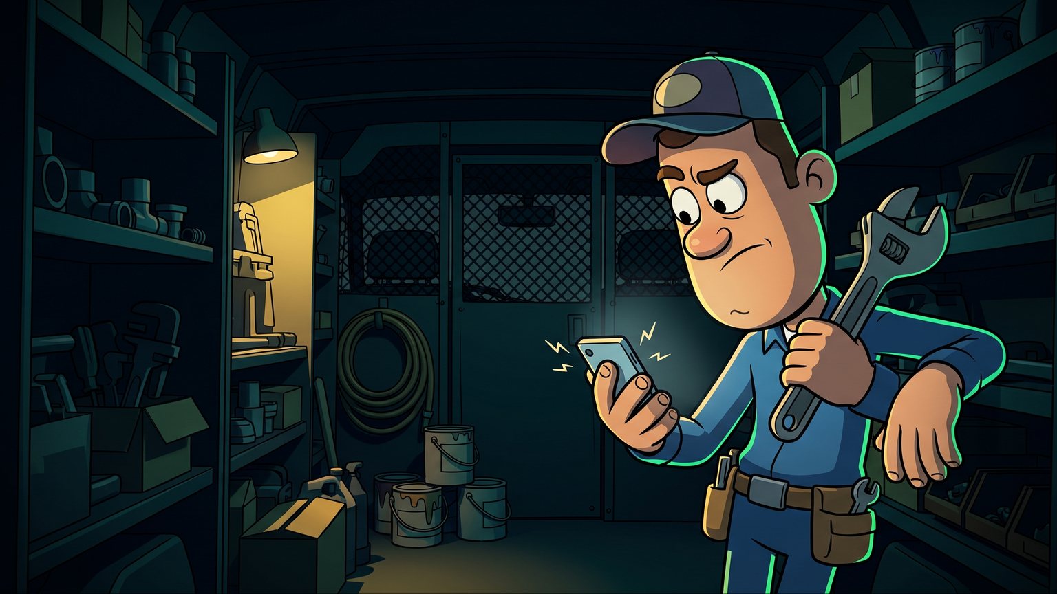 A stylised 3D animated character: a plumber checking a buzzing mobile phone while holding a wrench in a dark service van