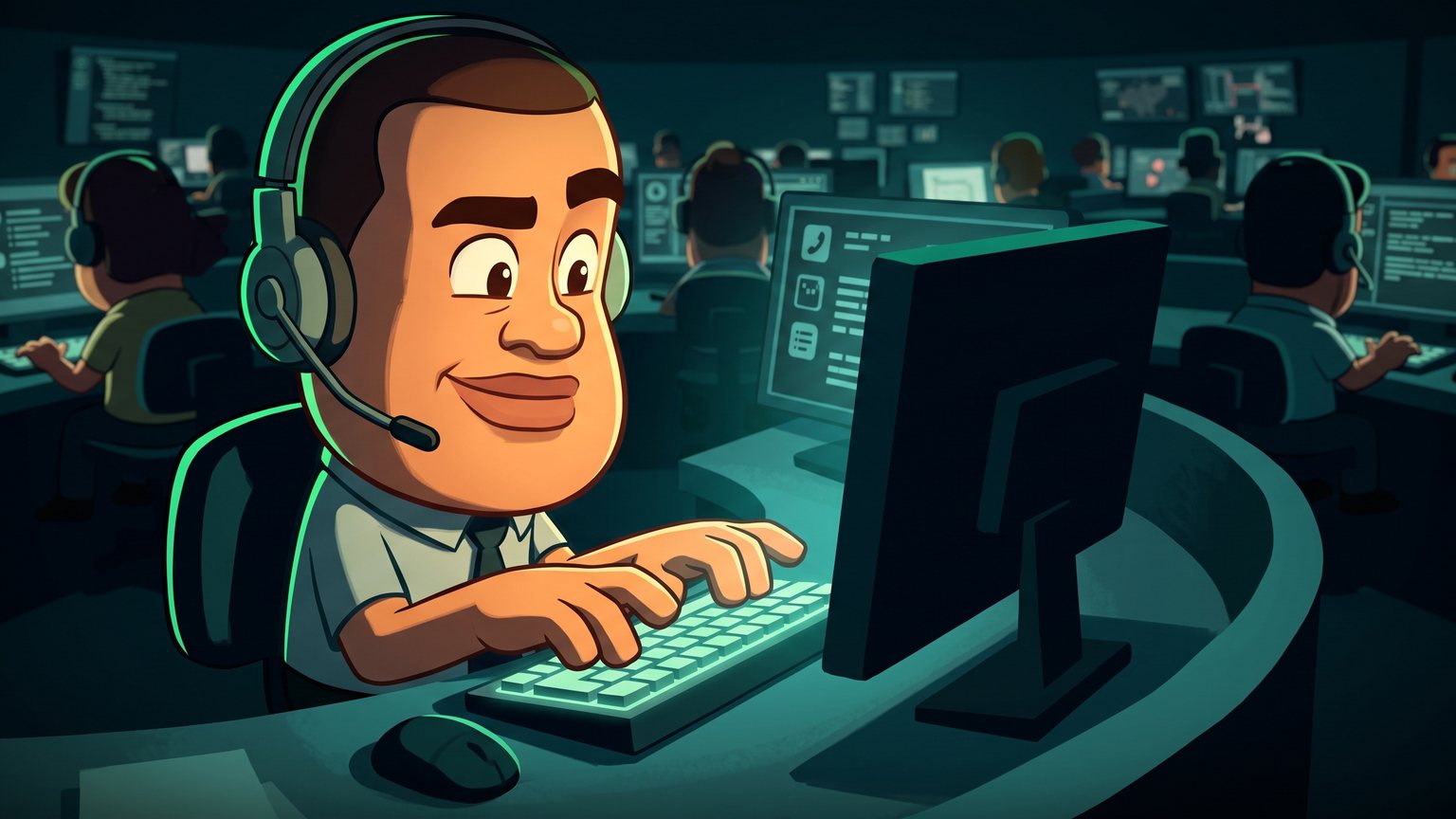 A stylised 3D animated character: a dispatcher typing notes into a computer terminal with a headset on in an office